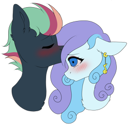 Size: 4088x3997 | Tagged: safe, artist:torihime, oc, oc only, oc:treading step, oc:wavebud, original species, pegasus, pony, shark, shark pony, blushing, chest fluff, commission, ear piercing, earring, eyes closed, eyes open, forehead kiss, jewelry, kissing, piercing, simple background, smooch, transparent background, two toned mane, ych result