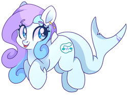 Size: 1040x768 | Tagged: safe, artist:cinnamontee, oc, oc:wavebud, original species, shark, shark pony, :p, cute, dorsal fin, ear piercing, earring, eye lashes, fangs, fins, jewelry, looking away, mlem, piercing, silly, simple background, solo, squishy, tongue out, transparent background, two toned mane
