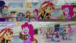 Size: 1280x720 | Tagged: safe, edit, edited screencap, editor:quoterific, screencap, applejack, fluttershy, pinkie pie, rainbow dash, rarity, sci-twi, sunset shimmer, twilight sparkle, equestria girls, equestria girls specials, g4, mirror magic, applejack's hat, book, boots, burger, clothes, cowboy boots, cowboy hat, cutie mark on clothes, denim skirt, eyes closed, female, food, geode of empathy, geode of fauna, geode of shielding, geode of sugar bombs, geode of super speed, geode of super strength, glasses, hat, humane five, humane seven, humane six, jacket, leather, leather jacket, magical geodes, open mouth, open smile, ponytail, shoes, skirt, smiling, tank top