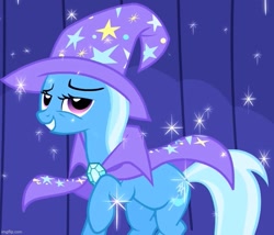 Size: 769x658 | Tagged: safe, screencap, trixie, pony, unicorn, boast busters, g4, season 1, brooch, cape, clothes, cropped, hat, imgflip, jewelry, solo, trixie's brooch, trixie's cape, trixie's hat