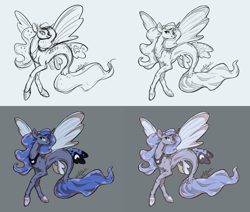 Size: 2160x1828 | Tagged: safe, artist:assasinmonkey, princess luna, alicorn, pony, seapony (g4), g4, black and white, blue eyes, blue mane, blue tail, dorsal fin, female, fin wings, fins, fish tail, flowing mane, flowing tail, gray background, grayscale, horn, mare, monochrome, seaponified, seapony luna, signature, simple background, sketch, smiling, solo, species swap, spread wings, sternocleidomastoid, tail, white background, wings