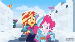 Size: 640x360 | Tagged: safe, screencap, flash sentry, pinkie pie, sunset shimmer, equestria girls, equestria girls series, g4, holidays unwrapped, saving pinkie's pie, spoiler:eqg series (season 2), animated, duo focus, female, food, gif, gifs.com, male, open mouth, shrunken pupils, snow, snowball, snowball fight, souffle