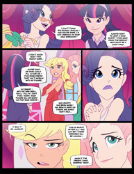 Size: 1024x1326 | Tagged: safe, artist:seriojainc, applejack, fluttershy, rarity, twilight sparkle, human, g4, bare shoulders, clothes, comic, humanized, sleeveless, tank top