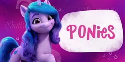 Size: 1500x750 | Tagged: safe, izzy moonbow, pony, unicorn, g5, my little pony: a new generation, official, 2d, 3d, advertisement, amazon, amazon.com, banner, header, long hair, looking at you, purple background, raised hoof, simple background, smiling, smiling at you, solo