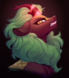 Size: 1734x1950 | Tagged: safe, artist:sparkling_light, cinder glow, summer flare, kirin, g4, angry, bust, dark, ears back, female, glowing, glowing horn, horn, imminent nirik, mare, portrait, profile, solo, teeth, this will end in fire
