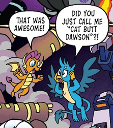 Size: 266x299 | Tagged: safe, idw, gallus, smolder, dragon, griffon, g4, spoiler:comic, awesome, cat butt dawson, comic, cropped, deaf, soundwave, speech bubble, text, transformers