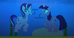 Size: 1511x788 | Tagged: safe, artist:felineflatorcameron, starlight glimmer, twilight sparkle, pony, unicorn, every little thing she does, g4, blue background, bubble, dialogue, duo, duo female, female, horn, looking at each other, looking at someone, mare, ocean, open mouth, puffy cheeks, rock, simple background, underwater, water