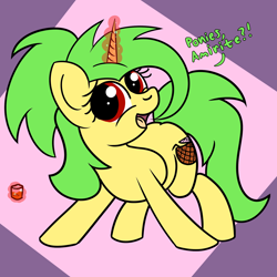 Size: 2000x2000 | Tagged: safe, artist:dafiltafish, oc, oc:piña, pony, unicorn, abstract background, alcohol, high res, horn, magic, solo, telekinesis, unicorn oc