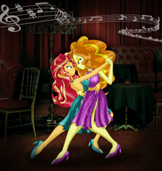 Size: 2268x2396 | Tagged: safe, artist:ponymaan, adagio dazzle, sunset shimmer, equestria girls, g4, backless, bare shoulders, dancing, duo, female, high res, lesbian, music notes, ship:sunsagio, shipping, sleeveless, tango