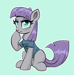 Size: 3344x3388 | Tagged: safe, artist:confetticakez, maud pie, earth pony, pony, g4, blue background, boop, clothes, cute, eyeshadow, female, heart, heart eyes, high res, makeup, mare, maudabetes, nose piercing, nose ring, piercing, self-boop, shirt, simple background, sitting, solo, t-shirt, wingding eyes