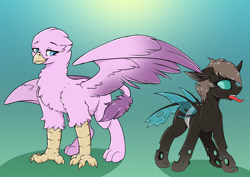 Size: 3508x2480 | Tagged: safe, artist:wbp, oc, oc only, oc:gall rosado, oc:ghitterphos, changeling, griffon, disguise, disguised changeling, female, griffon oc, high res, hissing, male, pink feathers, tongue out