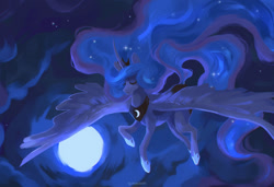Size: 1280x875 | Tagged: safe, artist:lg-macbeth, princess luna, alicorn, pony, g4, blue mane, blue tail, cloud, crown, curved horn, digital art, ethereal mane, eyes closed, feather, female, flowing mane, flowing tail, flying, hoof shoes, horn, jewelry, mare, moon, moonlight, night, regalia, sky, solo, spread wings, starry mane, starry tail, stars, tail, wings