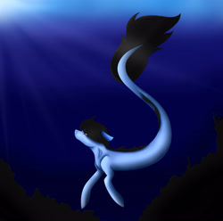Size: 2459x2439 | Tagged: safe, artist:maneblue, oc, oc only, merpony, pony, sea pony, seapony (g4), blue background, crepuscular rays, dark, dorsal fin, fish tail, flowing tail, high res, ocean, seaponified, seapony oc, simple background, solo, species swap, sunlight, swimming, tail, underwater, water