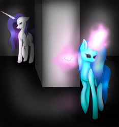 Size: 2370x2530 | Tagged: safe, artist:maneblue, rarity, oc, pony, unicorn, g4, black sclera, duo, duo female, female, glowing, glowing horn, hiding, high res, horn, magic, magic aura, mare, telekinesis, unicorn oc