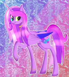 Size: 1638x1826 | Tagged: safe, artist:yulianapie26, oc, oc only, alicorn, pony, abstract background, alicorn oc, choker, female, horn, mare, raised hoof, smiling, solo, wings