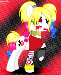 Size: 1094x1336 | Tagged: safe, artist:yulianapie26, earth pony, pony, abstract background, base used, clothes, dc comics, eyelashes, female, harley quinn, makeup, mare, ponified, raised hoof, running makeup, solo