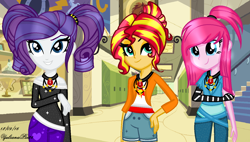 Size: 1344x762 | Tagged: safe, artist:yulianapie26, pinkie pie, rarity, sunset shimmer, equestria girls, g4, alternate hairstyle, base used, clothes, cutie mark on clothes, eyeshadow, gem, hand on hip, indoors, makeup, role reversal, siren gem, smiling, the dazzlings