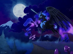 Size: 1280x960 | Tagged: safe, artist:ursatomic, nightmare moon, alicorn, pony, g4, blue mane, blue tail, cloud, colored pupils, digital art, ethereal mane, feather, female, flowing mane, flowing tail, forest, green eyes, helmet, horn, mare, moon, moonlight, mountain, mushroom, night, smiling, solo, starry mane, starry tail, tail, tree, wings
