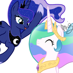 Size: 720x720 | Tagged: safe, artist:sallyso, princess celestia, princess luna, alicorn, pony, g4, bust, duo, ethereal mane, eyelashes, eyes closed, female, hoof shoes, mare, peytral, signature, simple background, starry mane, white background