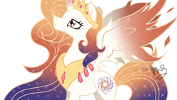 Size: 1280x720 | Tagged: safe, artist:sallyso, oc, oc only, alicorn, pony, alicorn oc, ethereal mane, eyelashes, female, horn, jewelry, mare, peytral, signature, simple background, solo, starry mane, tiara, white background, wings