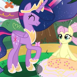 Size: 720x720 | Tagged: safe, artist:sallyso, fluttershy, twilight sparkle, alicorn, butterfly, pegasus, pony, g4, the last problem, duo, ethereal mane, eyelashes, female, hoof shoes, mare, older, older fluttershy, older twilight, older twilight sparkle (alicorn), outdoors, peytral, princess twilight 2.0, raised hoof, smiling, starry mane, twilight sparkle (alicorn)