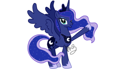 Size: 1280x720 | Tagged: safe, artist:sallyso, princess luna, pony, g4, ethereal mane, female, hoof shoes, mare, peytral, raised hoof, signature, simple background, spread wings, starry mane, white background, wings