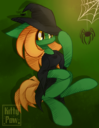 Size: 1400x1800 | Tagged: safe, artist:sunnypaw121, oc, oc only, earth pony, pony, spider, earth pony oc, hat, solo, witch hat