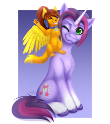 Size: 3450x3888 | Tagged: safe, artist:starshade, oc, oc only, oc:lesik, oc:twilight garrison, cat, pony, unicorn, 2021, blue eyes, brown hair, claws, collar, commission, duo, ear fluff, ears, equine, feather, feline, female, fluffy, fur, hair, head fluff, high res, looking at something, mammal, mare, orange body, orange fur, paw pads, paws, simple background, sitting, sparkly eyes, stars, tail, tail fluff, underpaw, white background, wingding eyes, winged cat, yellow body, yellow fur