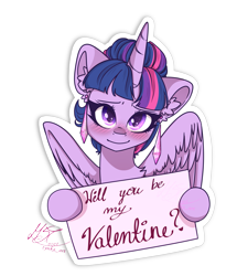 Size: 3015x3507 | Tagged: safe, artist:tyna, twilight sparkle, alicorn, pony, g4, 2022, blushing, ear fluff, ear piercing, earring, female, high res, holiday, jewelry, looking at you, mare, piercing, sign, signature, simple background, smiling, smiling at you, solo, sparkly eyes, transparent background, twilight sparkle (alicorn), valentine's day, wingding eyes