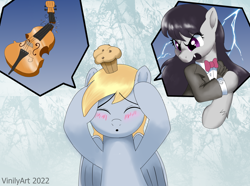 Size: 2660x1984 | Tagged: safe, artist:vinilyart, derpy hooves, octavia melody, earth pony, pegasus, pony, g4, angry, blushing, broken, cello, duo, eyes closed, food, muffin, musical instrument, open mouth, this will end in pain
