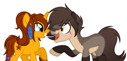 Size: 3236x1569 | Tagged: safe, artist:mint-light, artist:rioshi, artist:starshade, oc, oc only, oc:alfury, oc:lesik, earth pony, pony, unicorn, g4, 2020, base used, blue eyes, brown hair, ears, female, grin, hair, heart, heart eyes, looking at each other, looking at someone, male, open mouth, open smile, simple background, smiling, stars, tail, white background, wingding eyes