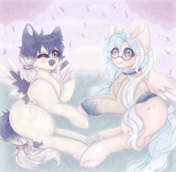 Size: 2040x2000 | Tagged: safe, artist:saltyvity, oc, pegasus, pony, blue eyes, blue hair, cherry blossoms, clothes, cloud, commission, cute, elastic, flower, flower blossom, glasses, grass, hairpin, high res, picnic, romance, romantic, sparkles, stars, summer, sweater, white body