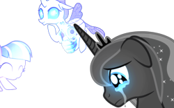 Size: 4000x2500 | Tagged: safe, ocellus, princess luna, wind sprint, alicorn, changedling, changeling, pegasus, pony, g4, abuse, crown, crying, floppy ears, glowing, glowing eyes, gun, handgun, imminent murder, jewelry, lunabuse, op is on drugs, regalia, simple background, transparent background, weapon