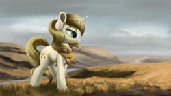 Size: 4000x2250 | Tagged: safe, artist:flusanix, sweet biscuit, pony, unicorn, g4, female, field, high res, mare, scenery, smiling, solo, walking