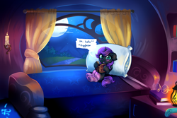 Size: 6000x4000 | Tagged: safe, artist:confetticakez, oc, oc only, oc:nyx, alicorn, pony, alicorn oc, bed, blushing, book, candle, cute, female, filly, floppy ears, foal, glasses, golden oaks library, horn, lantern, moon, nyxabetes, ocbetes, smiling, solo, window, wings