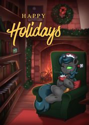 Size: 1500x2100 | Tagged: safe, artist:confetticakez, oc, oc only, oc:xodious, changeling, book, bookshelf, changeling oc, christmas, christmas wreath, couch, fire, fireplace, hat, holiday, santa hat, solo, wreath