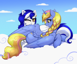 Size: 4000x3333 | Tagged: safe, artist:confetticakez, oc, oc only, oc:jet stream, oc:platinum band, alicorn, pegasus, pony, alicorn oc, assisted preening, blue coat, blue sky, blushing, bonding, braid, cloud, colored pupils, cute, duo, ear piercing, eyebrows, eyebrows visible through hair, eyelashes, female, fluffy, friends, friendship, golden eyes, grooming, hairband, happy, high res, horn, lying down, lying on a cloud, mare, multicolored mane, multicolored tail, on a cloud, on side, one eye closed, one wing out, patreon, patreon reward, pegasus oc, piercing, preening, prone, smiling, tail, two toned mane, two toned tail, wall of tags, white coat, wing fluff, wings, yellow eyes