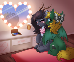 Size: 4667x3923 | Tagged: safe, artist:confetticakez, oc, oc only, bat pony, deer, deer pony, original species, pony, brush, makeup, mirror, solo