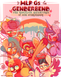 Size: 600x749 | Tagged: safe, artist:sockiepuppetry, cloudpuff, hitch trailblazer, izzy moonbow, pipp petals, sprout cloverleaf, sunny starscout, zipp storm, dog, earth pony, flying pomeranian, pegasus, pomeranian, pony, unicorn, g5, my little pony: a new generation, chainsaw, harness pathfinder, isaac crestie, mane five, pip corolla, royal brothers (g5), rule 63, sapling trefoil, sprout joins the mane five, sun starchaser, winged dog, zip cyclone