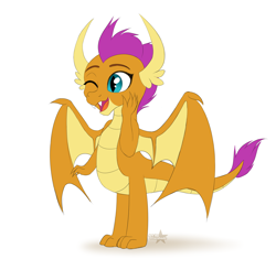 Size: 3762x3691 | Tagged: safe, artist:starshade, smolder, dragon, g4, dragoness, female, high res, one eye closed, open mouth, open smile, simple background, smiling, solo, white background, wings
