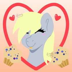 Size: 1280x1280 | Tagged: safe, artist:katelynleeann42, derpy hooves, pony, g4, bust, februpony, food, muffin, portrait, solo, tongue out
