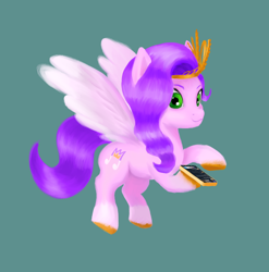 Size: 832x841 | Tagged: safe, artist:iron curtain, pipp petals, pegasus, pony, g5, my little pony: a new generation, female, flying, green background, mare, phone, simple background, smiling, solo, spread wings, wings