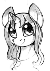 Size: 961x1365 | Tagged: safe, artist:dimfann, oc, oc only, oc:sylvine, pony, unicorn, aside glance, bust, female, grayscale, looking at you, monochrome, portrait, simple background, smiling, smiling at you, solo, three quarter view, traditional art, white background