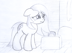 Size: 1164x862 | Tagged: safe, artist:legeden, oc, oc only, briefcase, crying, monochrome, sad, solo, traditional art, train
