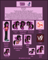 Size: 7012x8709 | Tagged: safe, artist:lightningbolt, derpibooru exclusive, oc, oc:vic, pegasus, pony, equestria girls, my little pony: pony life, pony life, absurd resolution, acoustic guitar, backwards ballcap, baseball cap, cap, clothes, equestria girls-ified, grin, guitar, hand on hip, hat, jeans, lidded eyes, looking at you, male, male symbol, movie accurate, musical instrument, pants, pierce the veil, pointy ponies, raised hoof, reference sheet, shirt, shoes, smiling, solo, spread wings, stallion, t-shirt, text, vector, vic fuentes, wings, younger