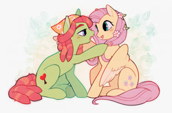 Size: 1280x838 | Tagged: safe, artist:serafelis, fluttershy, tree hugger, earth pony, pegasus, pony, g4, blushing, duo, eyebrows, female, flower, flower in hair, lesbian, mare, one wing out, ship:flutterhugger, shipping, smiling, wings