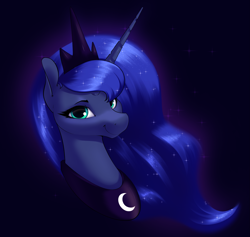 Size: 2585x2450 | Tagged: safe, artist:aquaticvibes, princess luna, alicorn, pony, g4, bust, diadem, ethereal mane, female, high res, looking at you, mare, peytral, smiling, smiling at you, solo, starry mane