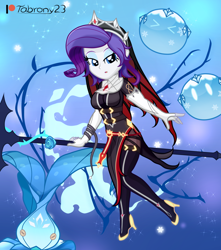 Size: 1640x1858 | Tagged: safe, artist:tabrony23, rarity, equestria girls, g4, beautiful, boots, breasts, busty rarity, cape, clothes, cosplay, costume, crown, cute, female, genshin impact, gloves, jewelry, lidded eyes, patreon, patreon logo, regalia, rosaria (genshin impact), shoes, short hair, show accurate, slimes (genshin impact), snow, snowflake, socks, solo, spear, thigh highs, weapon, whopperflower (genshin impact)