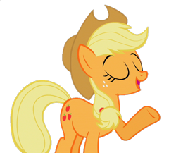 Size: 828x720 | Tagged: safe, edit, edited screencap, screencap, applejack, earth pony, pony, call of the cutie, g4, season 1, applejack's hat, background removed, cowboy hat, eyes closed, female, freckles, hat, hooves, mare, not a vector, open mouth, open smile, raised hoof, simple background, smiling, solo, transparent background