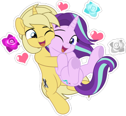 Size: 5410x5000 | Tagged: safe, artist:jhayarr23, starlight glimmer, oc, oc:sunlight bolt, earth pony, pony, g4, absurd resolution, canon x oc, commission, cute, female, flower, glimmbolt, hearts and hooves day, holiday, looking at each other, looking at someone, male, mare, one eye closed, open mouth, open smile, rose, shipping, simple background, smiling, snuggling, stallion, straight, tail, transparent background, underhoof, valentine's day, vector, ych result